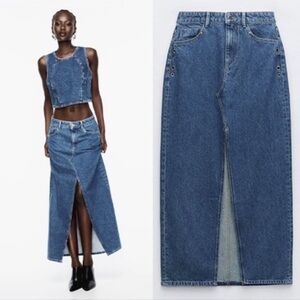 Blue Denim Maxi Skirt with Front Slit